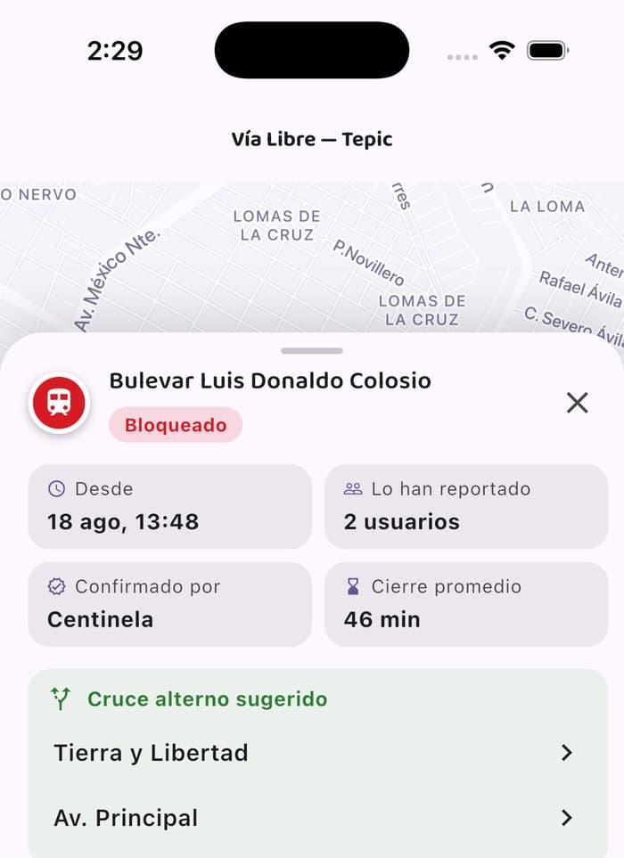 Banner de cruce alterno sugerido en la app Vía Libre
