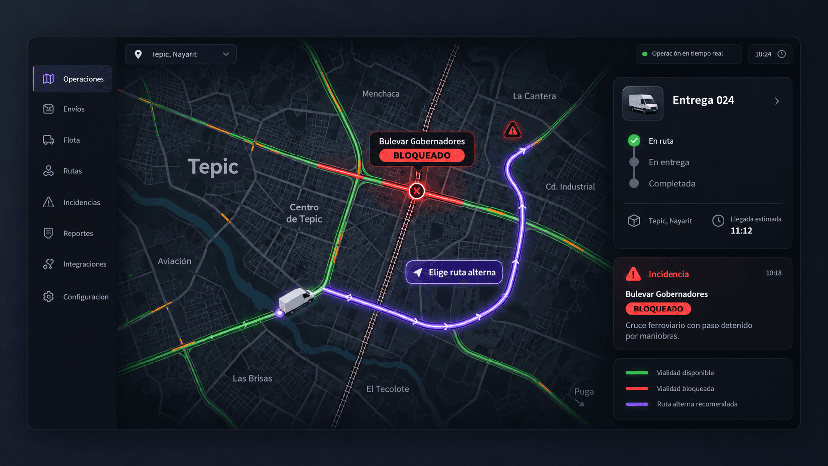 Dashboard de tracking empresarial que muestra Bulevar Gobernadores bloqueado y una ruta alterna para una entrega
