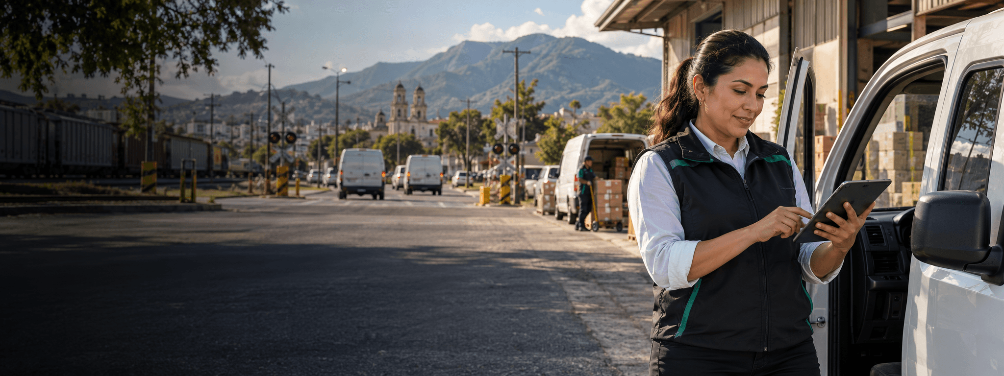 Coordinadora de logística revisando una ruta de entrega junto a un cruce ferroviario en Tepic