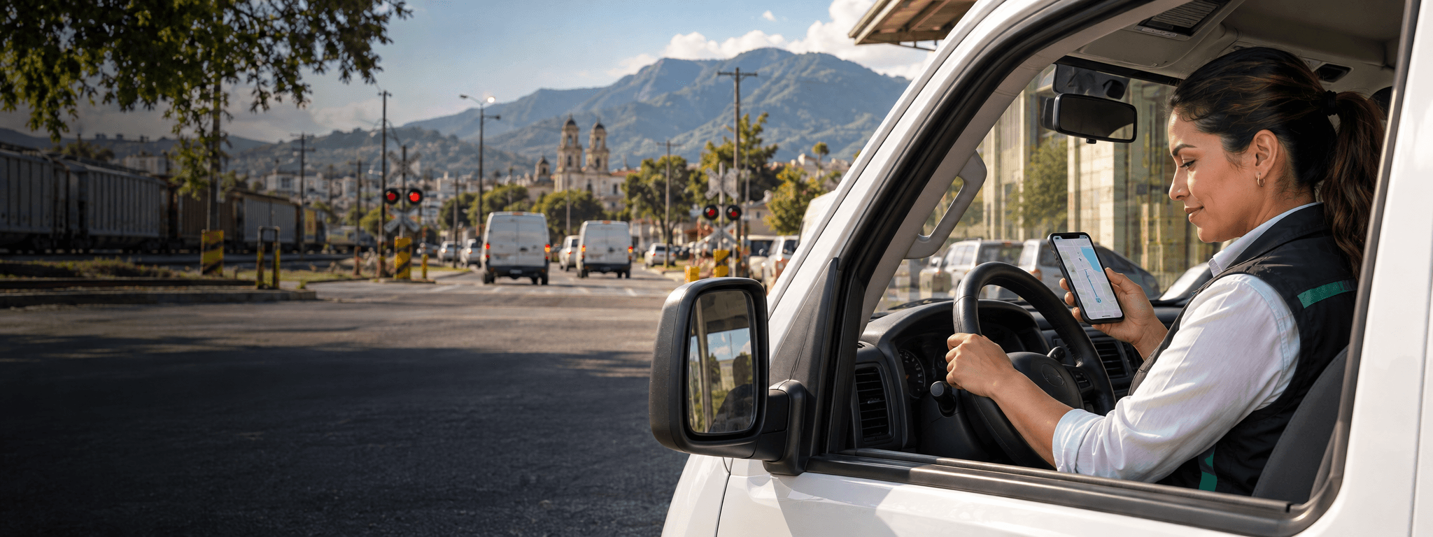 Conductora de logística sentada al volante, consultando una ruta antes de un cruce ferroviario en Tepic