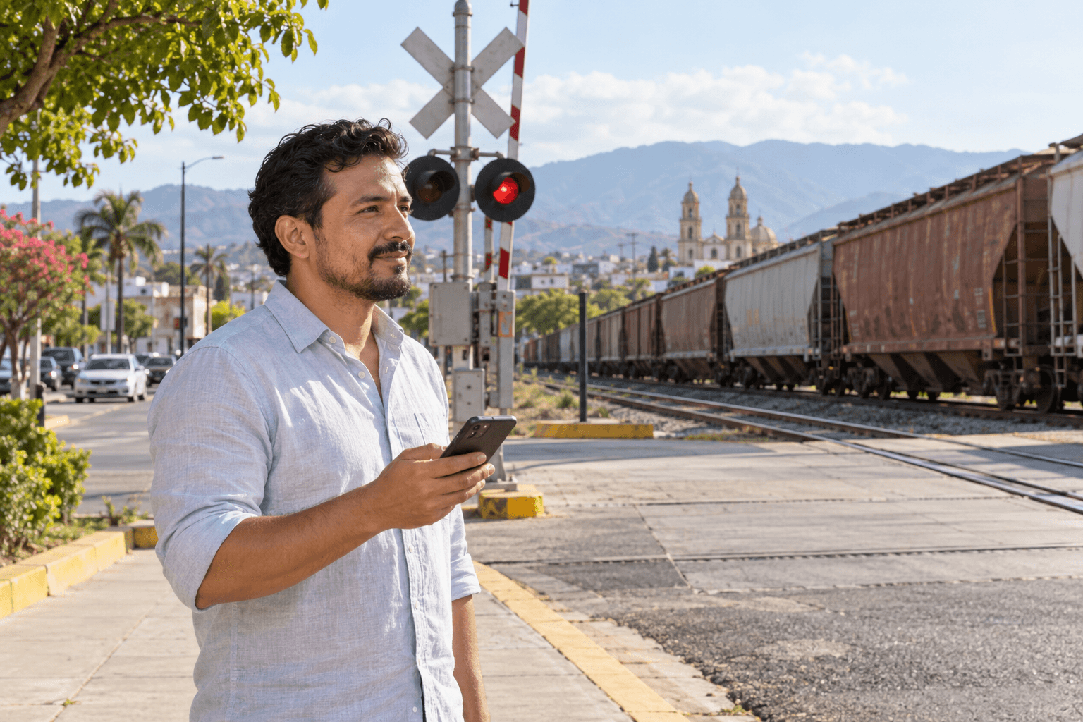 Centinela de Vía Libre observando un tren desde un cruce ferroviario
