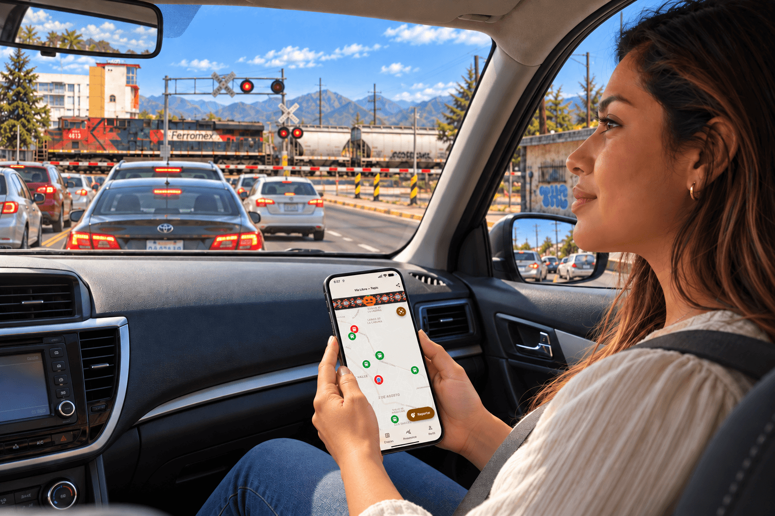 Usuaria latina de Vía Libre consultando el mapa con el cruce de Av. Gobernadores marcado en rojo mientras espera en la fila