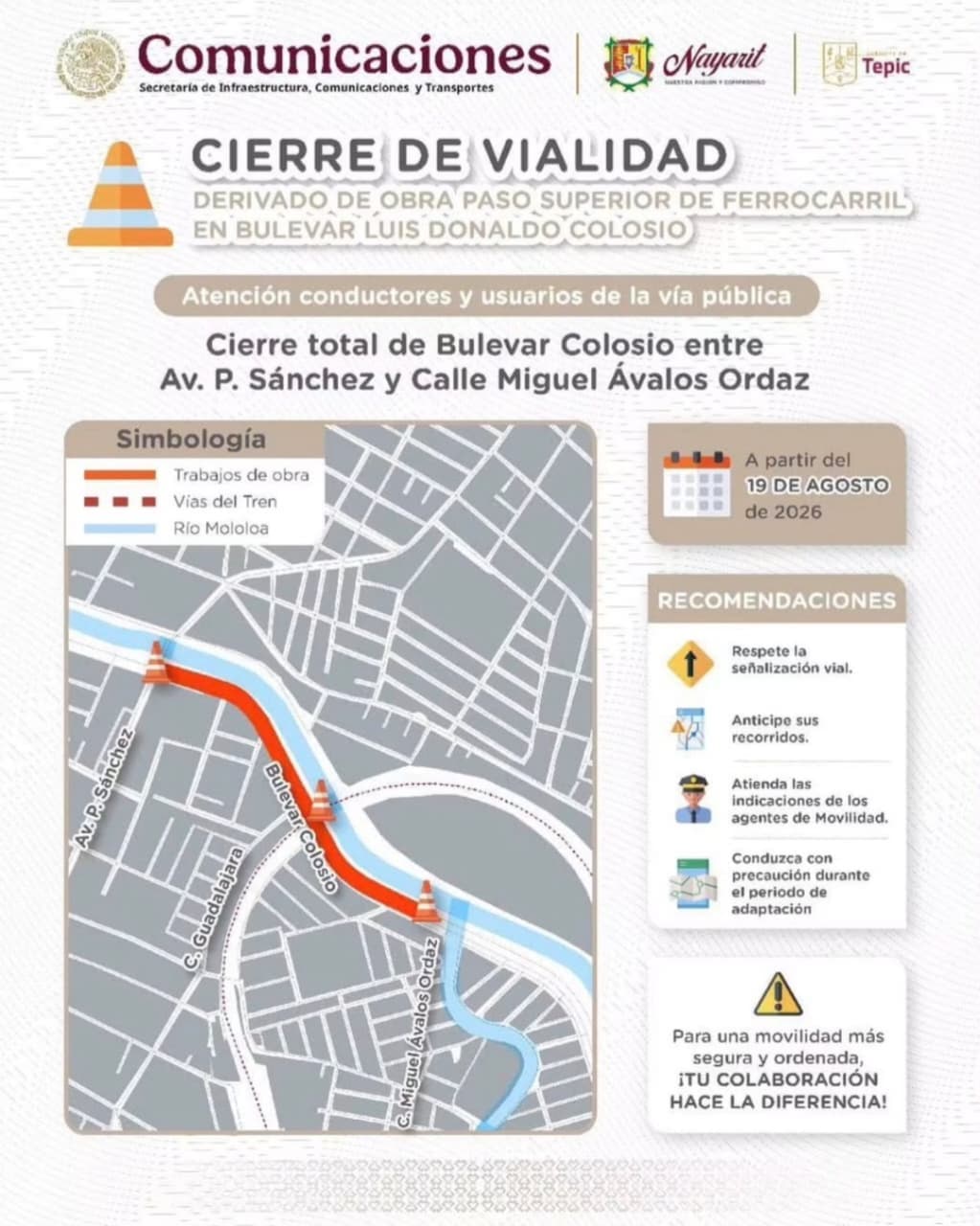 Aviso oficial de cierre total del Bulevar Colosio entre Av. P. Sánchez y Calle Miguel Ávalos Ordaz, a partir del 19 de agosto de 2026, por obra del paso superior de ferrocarril.