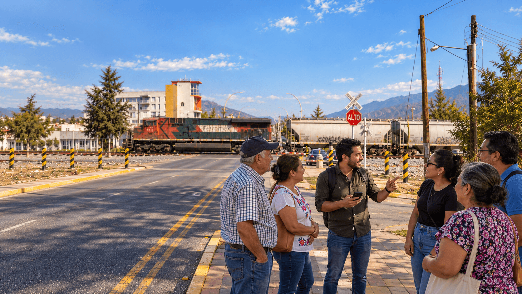 Vecinas y vecinos de Tepic conversando junto al cruce ferroviario de Av. Gobernadores
