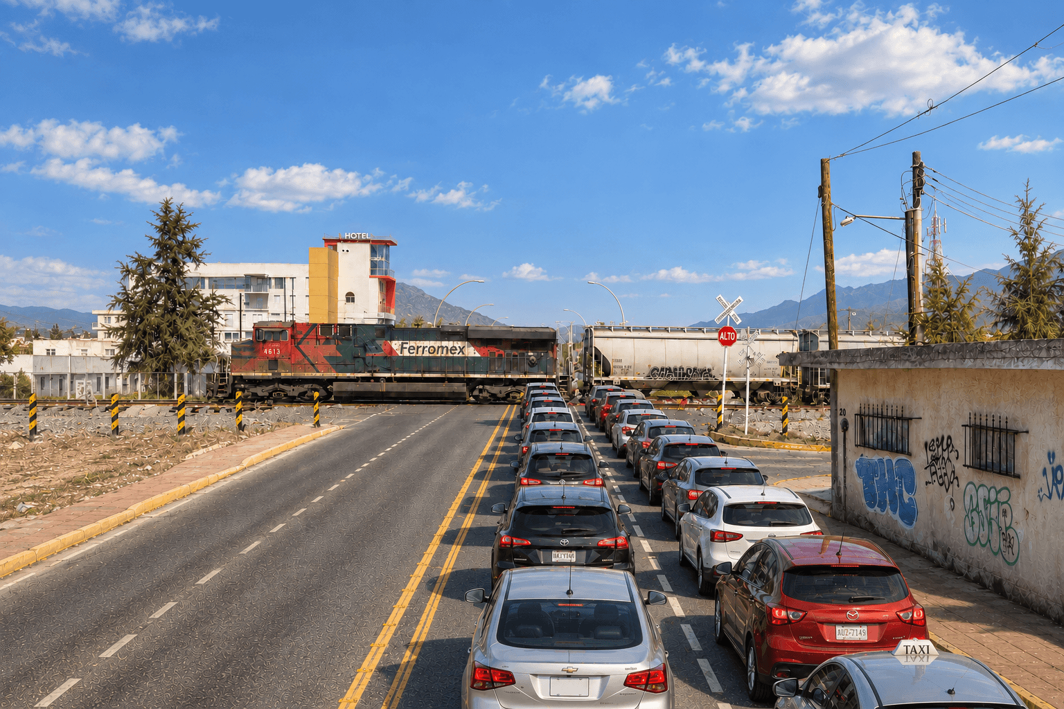 Tren de carga cruzando el Bulevar Gobernadores de Tepic mientras una fila de vehículos espera